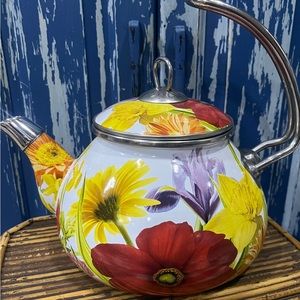 Pioneer Woman 2.3 Qt Enameled Steel Flower Garden Tea Pot Kettle Floral Retired